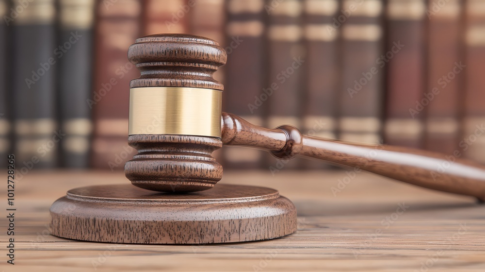 Close-up of a gavel on a wooden desk, symbolizing authority and importance of election rules, with copy space for text or design Close-up of a gavel on a wooden desk, symbolizing authority and importance of election rules, with copy space for text or design
