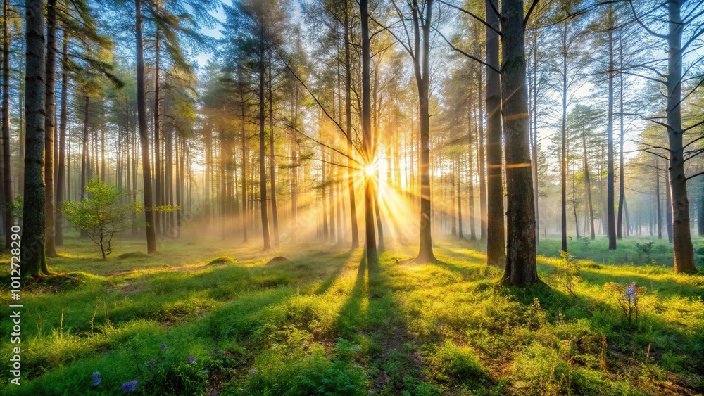 Forest landscape with sun shining through trees Forest landscape with sun shining through trees