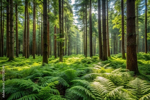 Forest landscape with tall trees and lush ferns