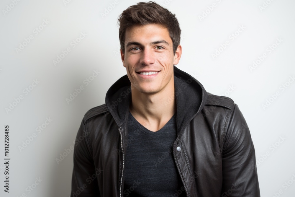 Handsome young man in a black leather jacket smiling at the camera. Handsome young man in a black leather jacket smiling at the camera.
