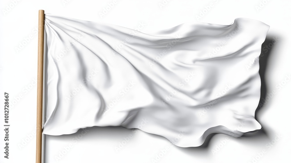 Obraz premium A white flag on a wooden pole waves gently against a white background, symbolizing sur, peace, truce, purity, and new beginnings.
