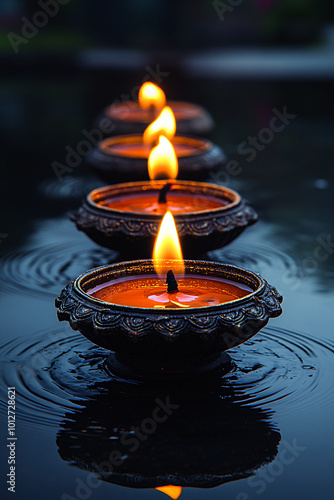 Four glowing oil lamps arranged in a triangular formation casting warm golden light, perfect for Diwali festival template/banner.