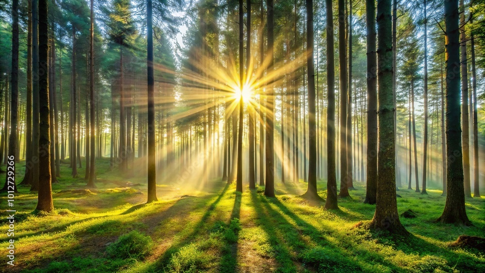 Naklejka premium Forest scene with sunbeams and trees