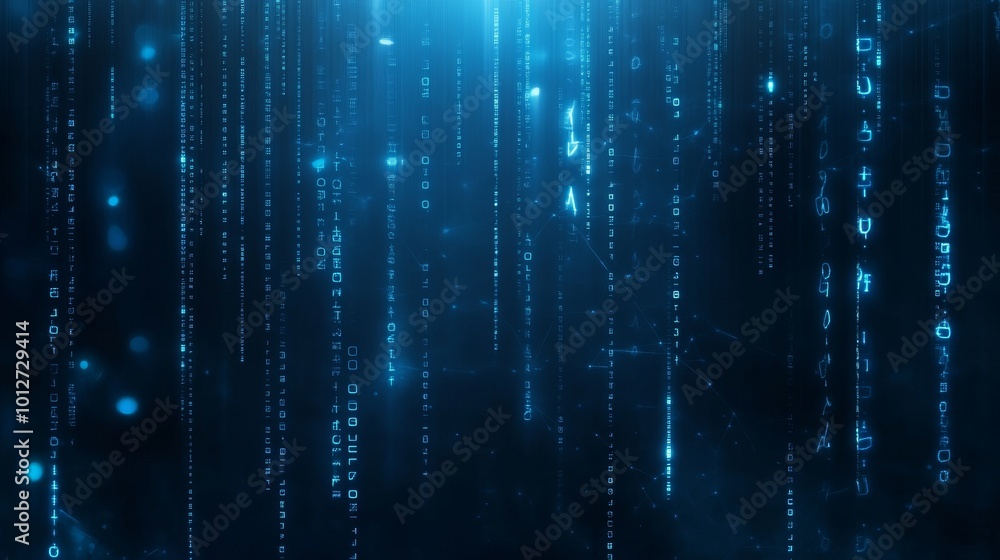 Abstract digital data stream of binary code on a blue background, symbolizing technology, innovation, coding, future, and data flow. Abstract digital data stream of binary code on a blue background, symbolizing technology, innovation, coding, future, and data flow.
