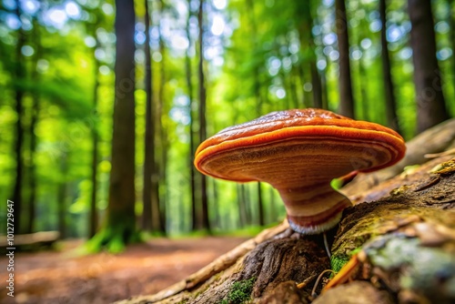 Forest setting with Reishi Mushroom Ganoderma tsugae showing shallow depth of field