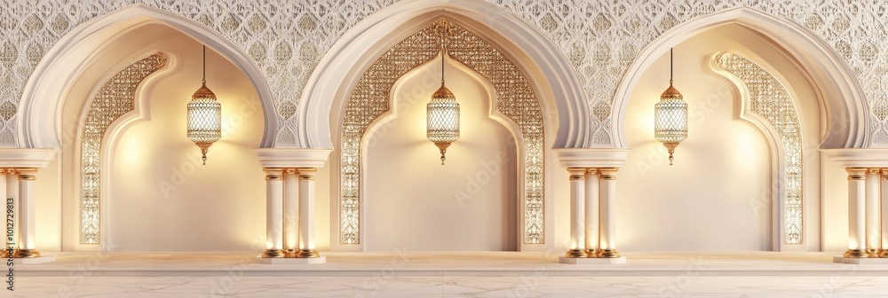 Fototapeta premium An elegant and ornate Islamic archway adorned with intricate details and glowing lanterns, evoking a sense of spirituality, tradition, and beauty. The archway's symmetry, craftsmanship, and warm light