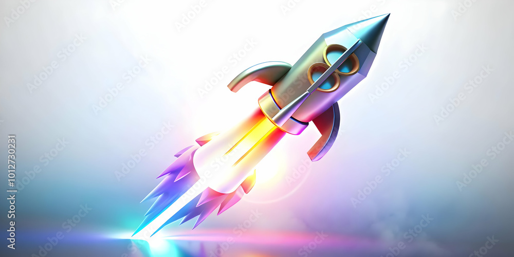 Holographic rocket launching from a glowing dollar sign with copy space concept as A dynamic image of a holographic rocket taking off from a glossy dollar sign; set against a holographic background pr Holographic rocket launching from a glowing dollar sign with copy space concept as A dynamic image of a holographic rocket taking off from a glossy dollar sign; set against a holographic background pr