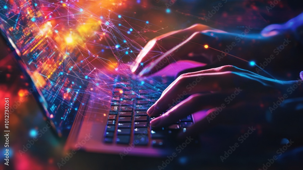 Typing on a Laptop with a Digital Network of Lines Typing on a Laptop with a Digital Network of Lines