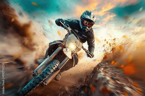 Motocross rider in extreme sport confident dangers for adrenaline skilled driver on fast off road vehicle