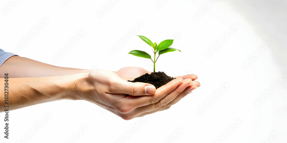 Flat Plain Hands Passing a Seedling with Copy Space concept as Plain hands passing a small seedling on a glossy white background leaving ample copy space above. The camera captures a close up shot sym Flat Plain Hands Passing a Seedling with Copy Space concept as Plain hands passing a small seedling on a glossy white background leaving ample copy space above. The camera captures a close up shot sym