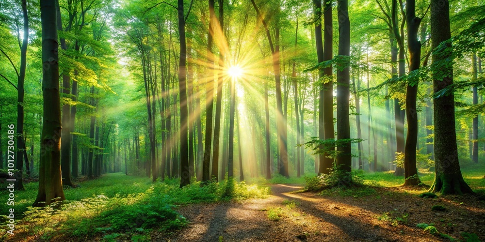 Fototapeta premium Forest with sunlight shining through the leaves