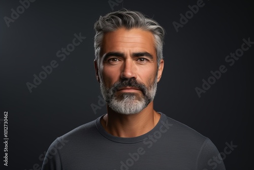 Portrait of a handsome bearded man with grey hair and beard.