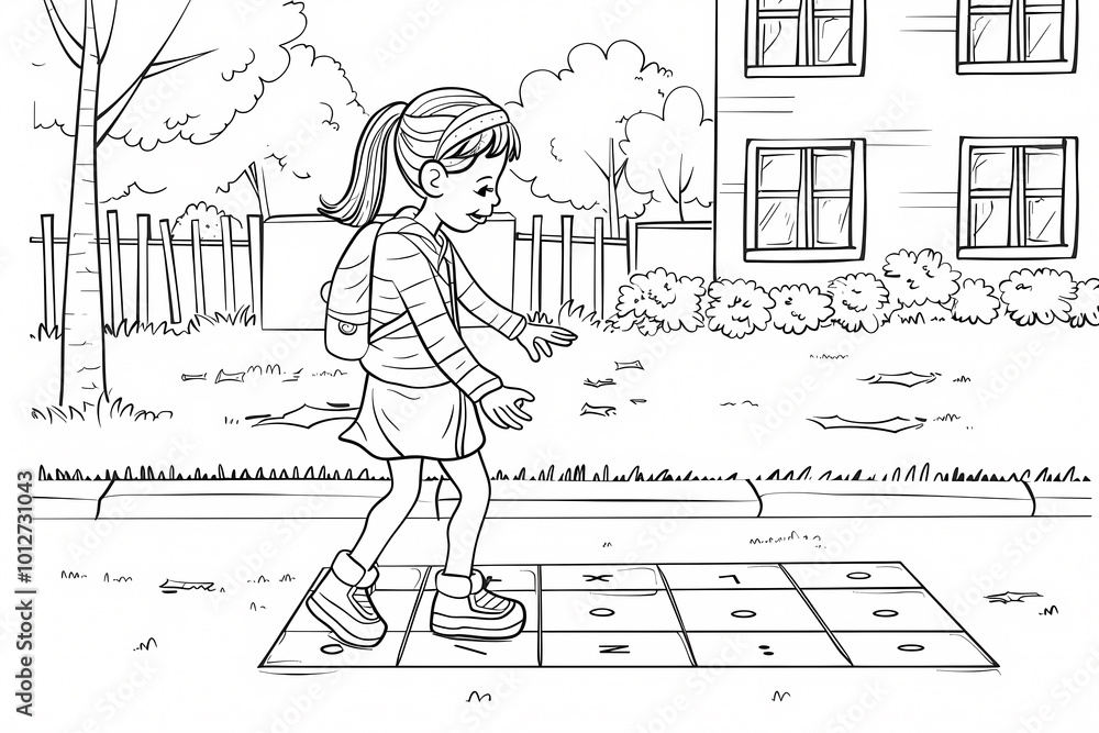 A joyful young Caucasian girl plays hopscotch on a sidewalk, wearing a backpack and a playful expression in a sunny outdoor setting. A joyful young Caucasian girl plays hopscotch on a sidewalk, wearing a backpack and a playful expression in a sunny outdoor setting.