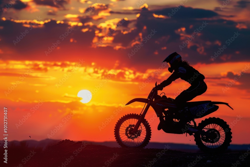 Motocross rider silhouette at sunset Extreme sports in dusk Motocross rider silhouette at sunset Extreme sports in dusk