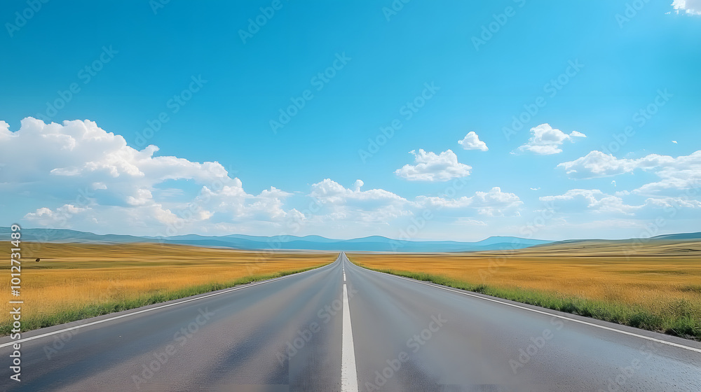 highway in the grassland background of blue sky and bright clouds, long road stretches into the distance. empty street on a beautiful sunny day highway in the grassland background of blue sky and bright clouds, long road stretches into the distance. empty street on a beautiful sunny day