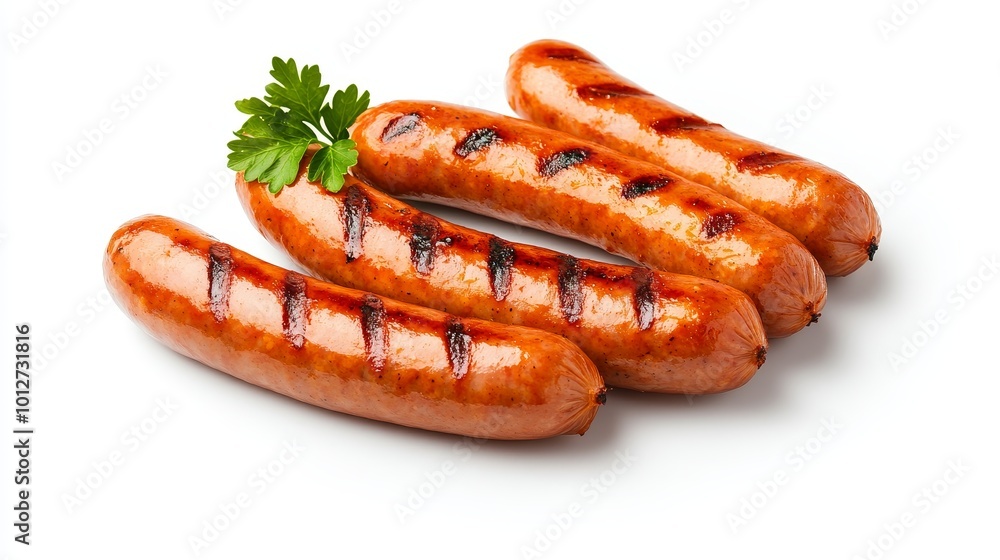 Four perfectly grilled pork sausages, ready to be enjoyed. The sausages are golden brown and have a crispy exterior, and the parsley garnish adds a touch of freshness. Four perfectly grilled pork sausages, ready to be enjoyed. The sausages are golden brown and have a crispy exterior, and the parsley garnish adds a touch of freshness.