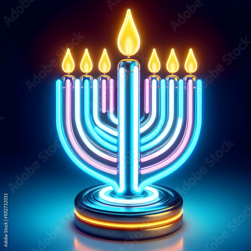 3D Macro of Futuristic Hanukkah Candle with LED Wick Glowing Bright Neon Colors - Close-Up Neon Holiday Icon on White Background