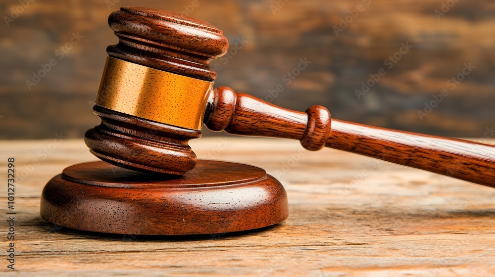 Close-up of a gavel on a wooden desk, symbolizing authority and importance of election rules, with copy space for text or design Close-up of a gavel on a wooden desk, symbolizing authority and importance of election rules, with copy space for text or design