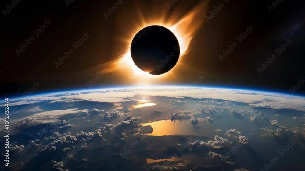 A total solar eclipse as seen from space, with the Earth's atmosphere and clouds in the foreground.