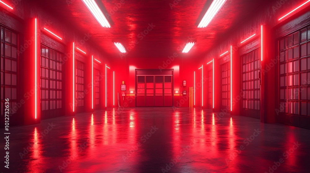 a hallway with red lights
a hallway with red lights