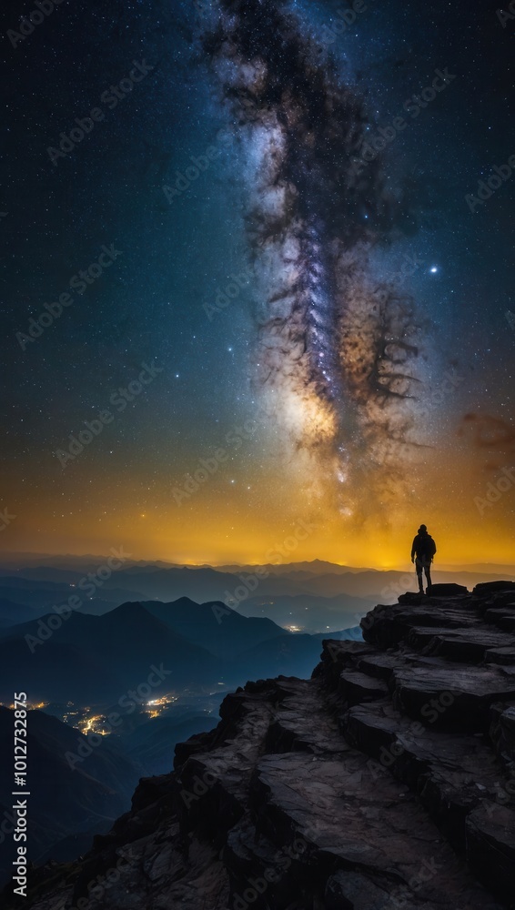 Panoramic view of Milky Way galaxy and person standing on mountain at night Panoramic view of Milky Way galaxy and person standing on mountain at night