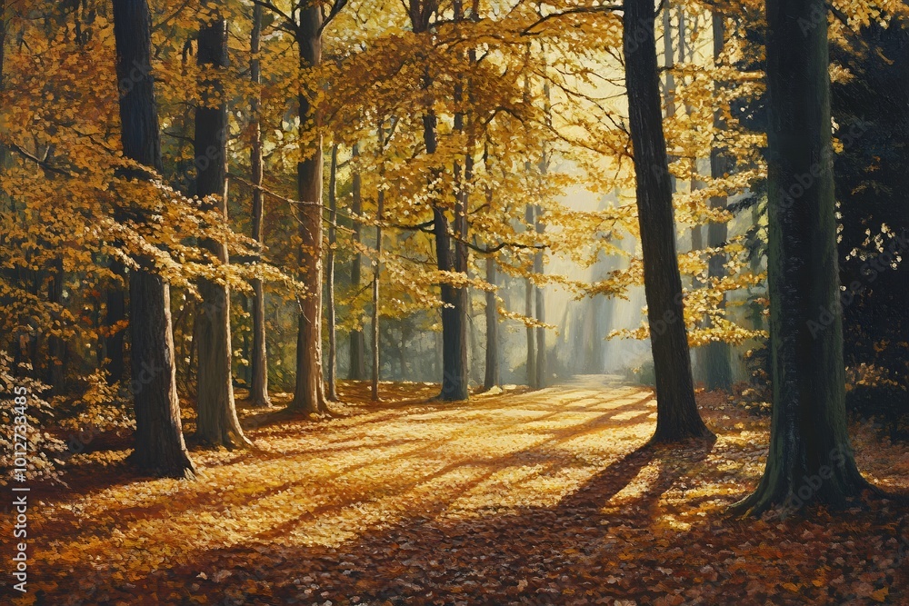 Fototapeta premium Serene autumn forest with golden leaves and soft sunlight.