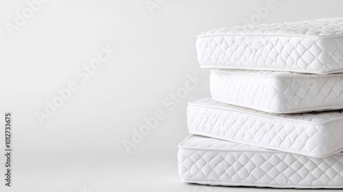 Stacked mattresses on a white background, representing a peaceful sleep, relaxation, comfort, and a fresh start.