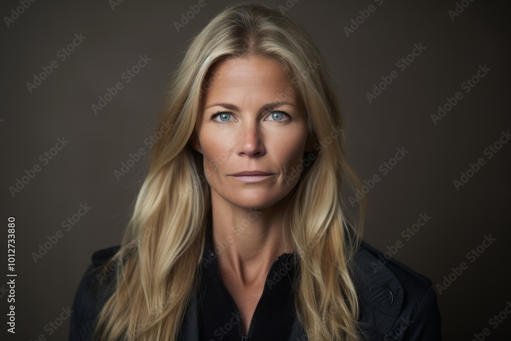Portrait of a beautiful blond woman in a black jacket on a dark background Portrait of a beautiful blond woman in a black jacket on a dark background