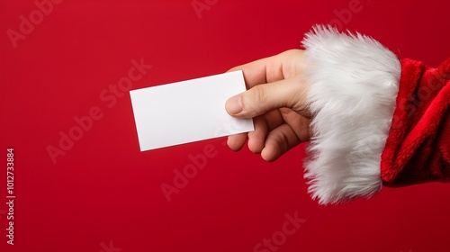 Santa s Hand Holding White Card on Red Background Christmas Greeting Concept