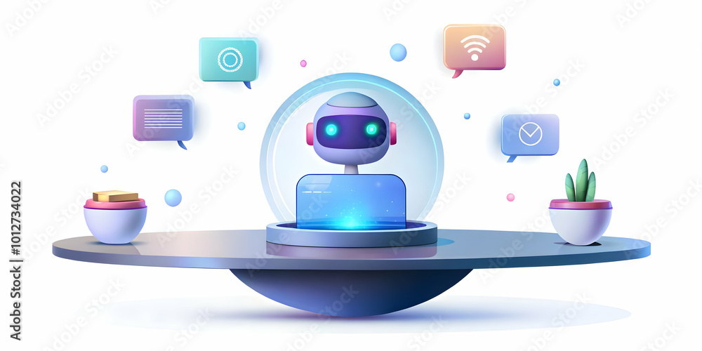 Flat Holographic AI Assistant with Floating Chat Bubbles: A Modern Business Perspective on AI Technology, Dolly Shot Zooming in on Sleek Holographic Device on Minimalistic White Desk Flat Holographic AI Assistant with Floating Chat Bubbles: A Modern Business Perspective on AI Technology, Dolly Shot Zooming in on Sleek Holographic Device on Minimalistic White Desk