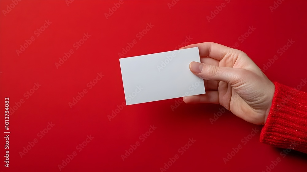 Santa Claus Costume Hand Holding Empty White Card on Red Background for Advertising Santa Claus Costume Hand Holding Empty White Card on Red Background for Advertising