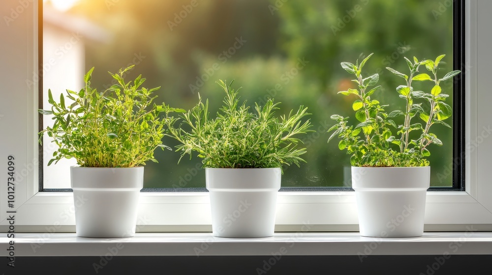 Three potted herbs, including rosemary, thyme, and basil, thrive on a sunny windowsill, adding a touch of freshness and fragrance to the indoor space. Three potted herbs, including rosemary, thyme, and basil, thrive on a sunny windowsill, adding a touch of freshness and fragrance to the indoor space.
