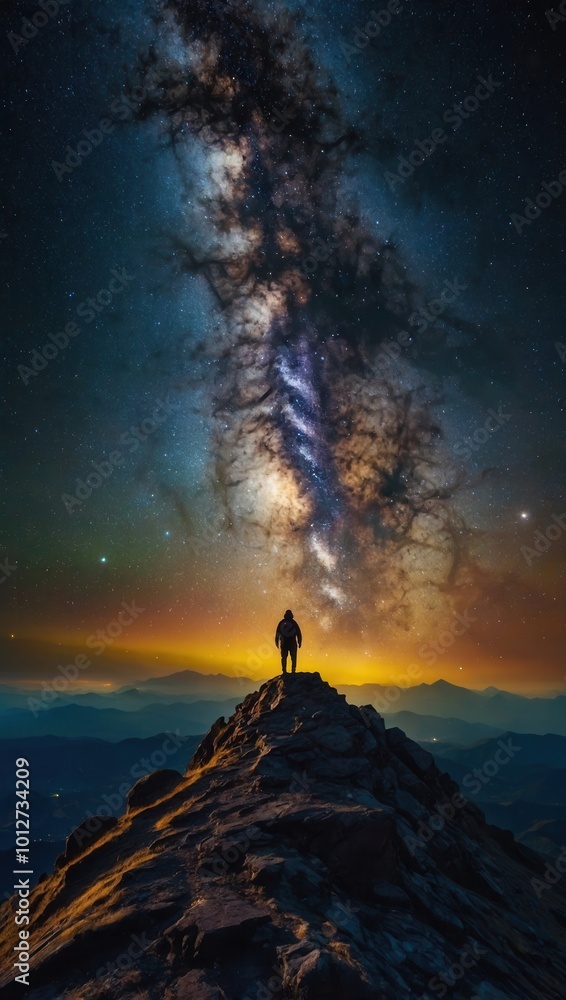 Composite of cosmic scene and silhouette of person standing on mountain at twilight Composite of cosmic scene and silhouette of person standing on mountain at twilight