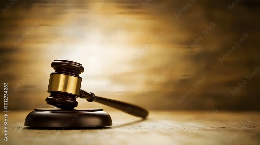 Close-up of a gavel on a wooden desk, symbolizing authority and importance of election rules, with copy space for text or design Close-up of a gavel on a wooden desk, symbolizing authority and importance of election rules, with copy space for text or design
