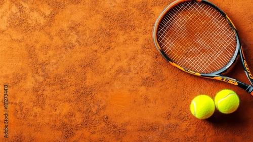 Two tennis rackets and two yellow tennis balls lie on a clay court, ready for a game. This image represents sport, competition, and the beauty of tennis. photo