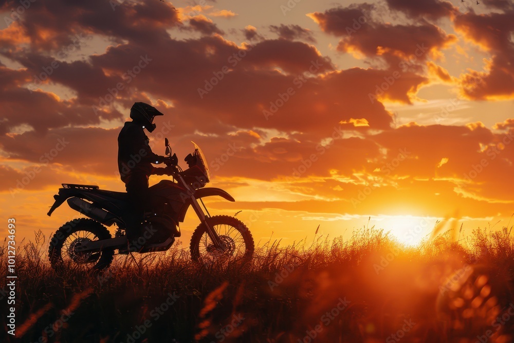 Obraz premium Motorcycle and rider silhouette in field at sunset enduro off road bike
