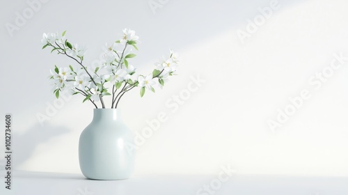 White flowers in a simple vase on a white background. This image symbolizes purity, simplicity, peace, beauty, and nature.