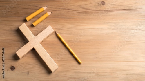 Wooden cross, pencils, and a wood background represent faith, learning, and creativity for Vacation Bible School activities.