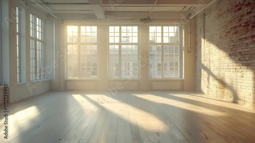 Empty Room with Sunlight Shining Through Large Windows - 3D Illustration