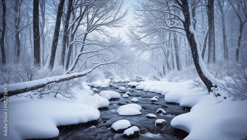 snow covered trees in winter, a stream flowing through the forest.