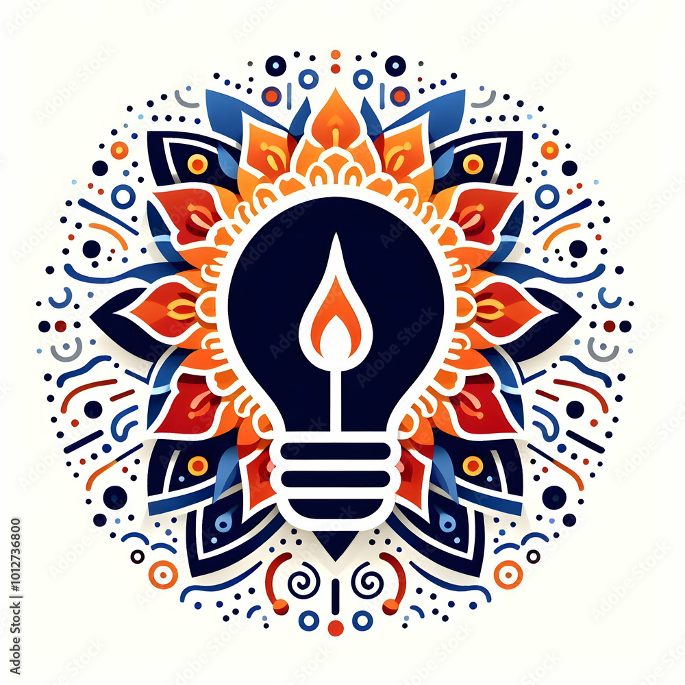 Vibrant Flat Abstract Rangoli Pattern with Glowing Diyas Isolated on White Background - Artful Diwali Celebration Vector Design Vibrant Flat Abstract Rangoli Pattern with Glowing Diyas Isolated on White Background - Artful Diwali Celebration Vector Design