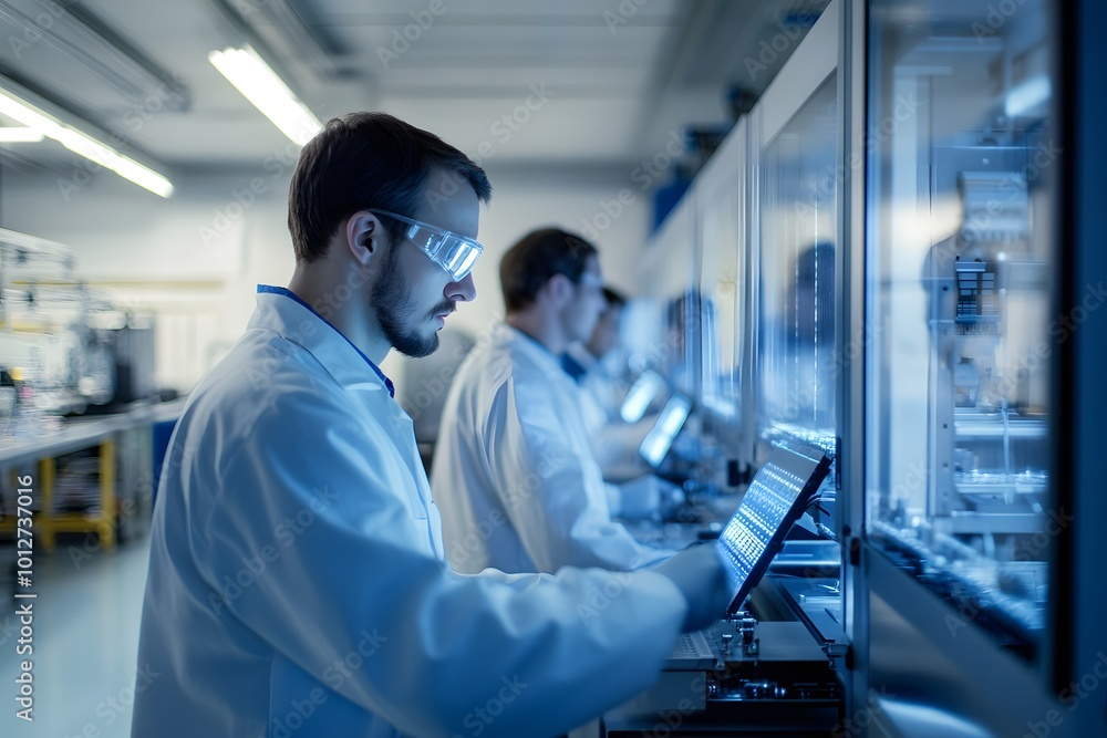 Obraz premium A lab scene featuring scientists in white coats using technology and equipment for research and experimentation.