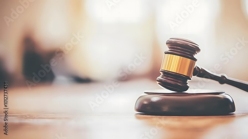 Close-up of a gavel on a wooden desk, symbolizing authority and importance of election rules, with copy space for text or design