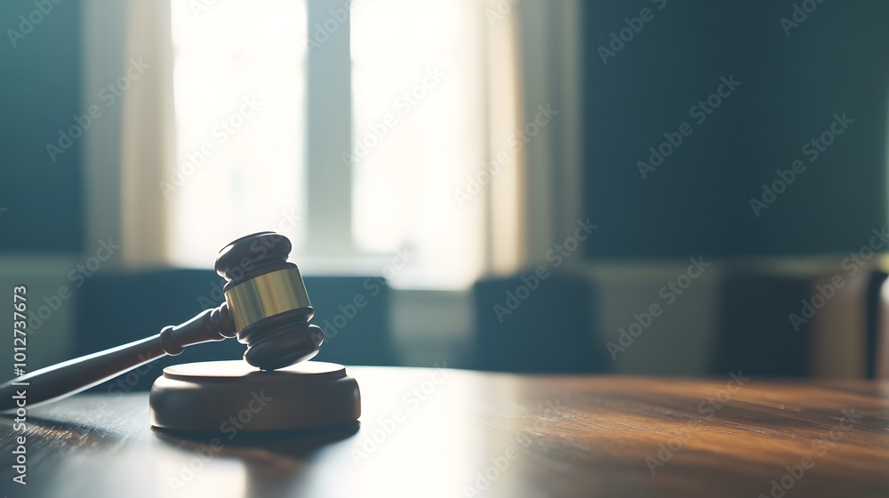 Close-up of a gavel on a wooden desk, symbolizing authority and importance of election rules, with copy space for text or design Close-up of a gavel on a wooden desk, symbolizing authority and importance of election rules, with copy space for text or design