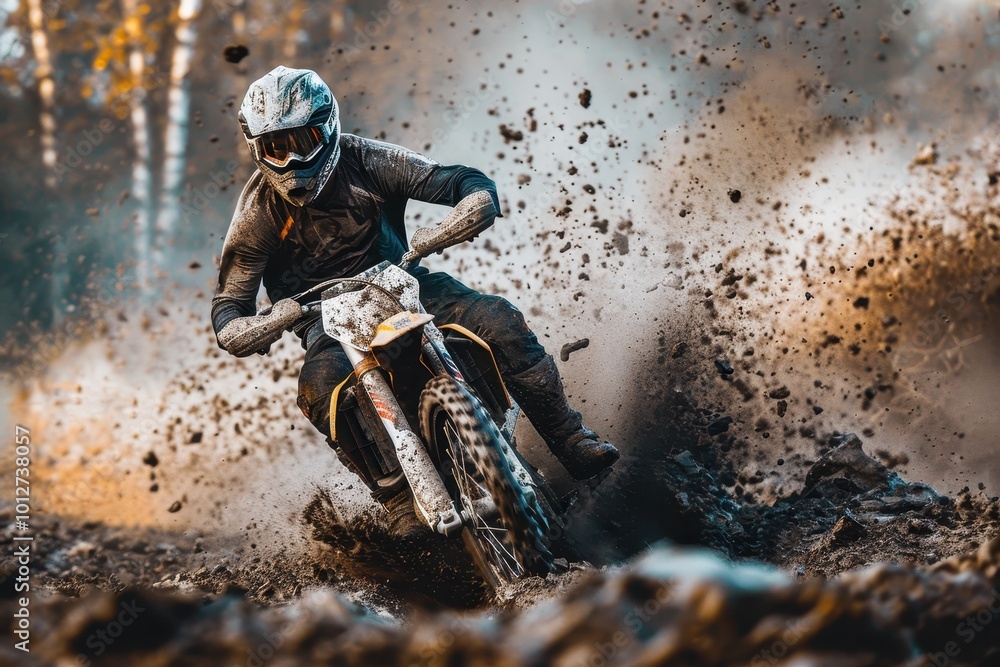 Motorcyclist speeding through a muddy motocross race Motorcyclist speeding through a muddy motocross race