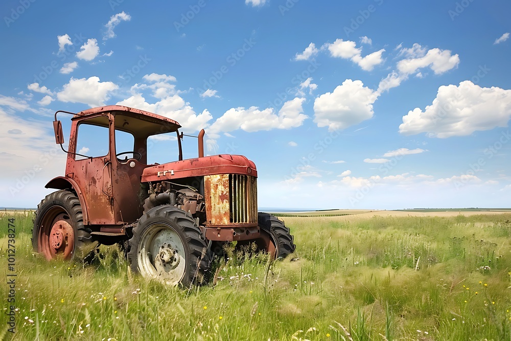 Old tractor in the field with blue sky and white clouds Old tractor in the field with blue sky and white clouds