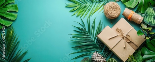 A beautifully arranged gift box surrounded by tropical leaves and natural elements on a vibrant teal background. photo