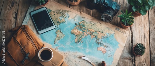 A beautifully arranged travel scene with a world map, smartphone, camera, and coffee cup on a wooden table.
