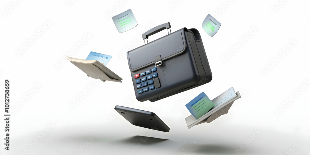 Floating Briefcase and Calculator in Mid-Air Representing Business and Financial Calculations on White Background � Ideal for Finance Apps and Business Service Advertisements