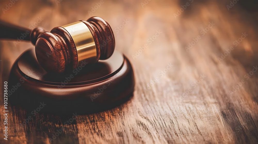Obraz premium Close-up of a gavel on a wooden desk, symbolizing authority and importance of election rules, with copy space for text or design